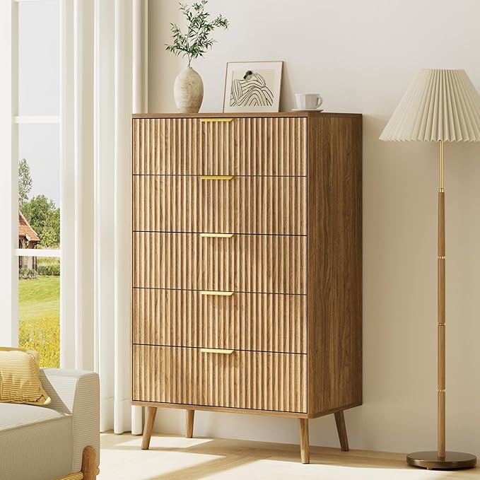 LYNSOM Fluted 5 Drawers Dresser, 45" Tall Modern Chest of Drawers with Curved Profile Design and Metal Handle, Wood Drawer Organizer for Bedroom, Living Room, Hallway, Entryway, Natural Oak