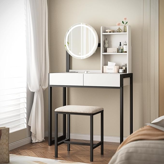 Small Vanity Desk with Mirror and Lights, Makeup Vanity Table with LED Mirror, 3 Lighting Modes, Power Outlet, Drawer, Open Shelves and Cushioned Stool for Bedroom (Black)