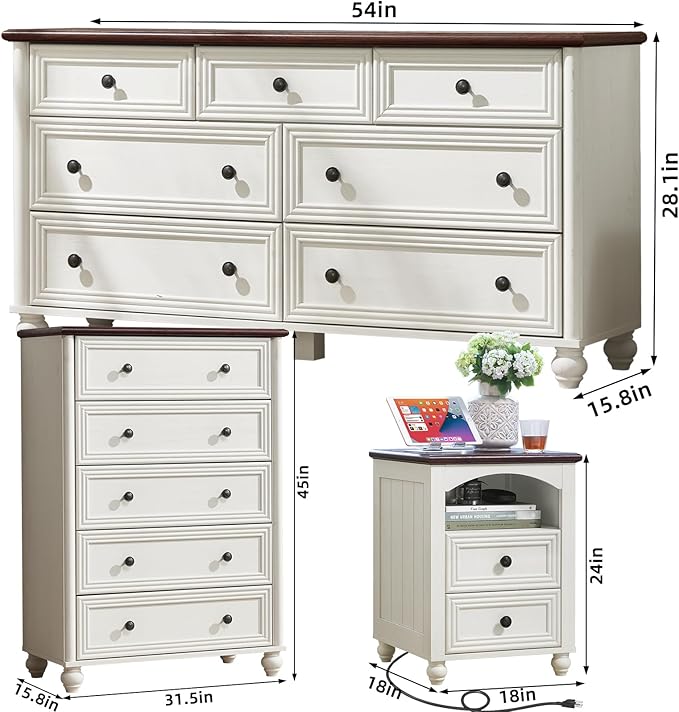 Farmhouse Dressers & Night Stand Set of 3, Wood 54" Wide Dresser & 45"Tall Chest of Drawers, 18" with Charging Station Nightstand, Bedroom Furniture 7 Drawer Dresser Set for Home Living Room Hallway