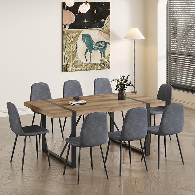 Dining Table Set for 8，9 Piece Dining Table Set，71'' Kitchen Table and Suede Nap Fabic Chairs Set of 8，for Kitchen Dining Room