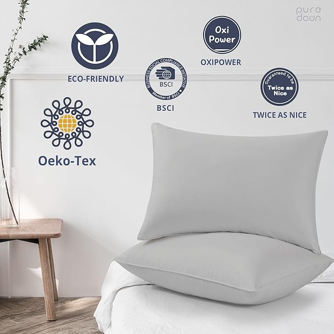 puredown Goose Feathers Down Pillows - Standard Size Bed Sleeping Hotel Collection Pillows Set of 2 with 100% Cotton Cover, Grey