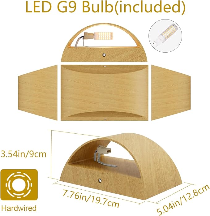 Aipsun Aluminum Modern Wall Light Fixtures 1 Pack Indoor LED Wall Sconce Hardwired Wood Texture Up and Down Wall Mount Light for Living Room Bedroom Hallway Corridor 3000K(with G9 Bulbs)