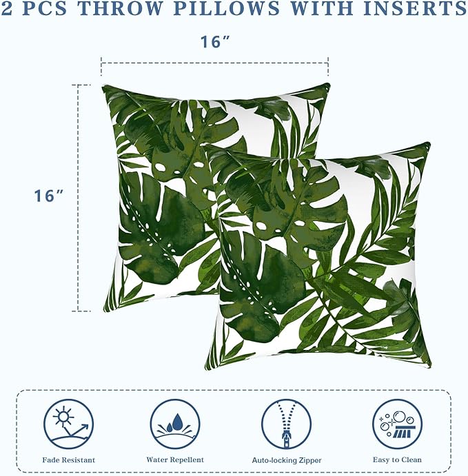 LVTXIII Outdoor Throw Pillows, Decorative Throw Pillows with Inserts, 16"x16" Square Pillows for Bed, Couch, Sofa and Patio Furniture, Set of 2, Palm Green