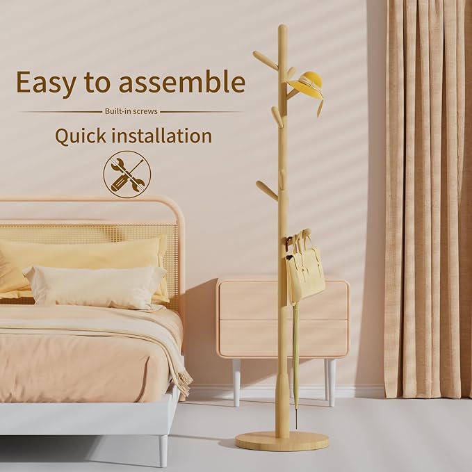 Solid Wood Round Base Coat Rack, Free Standing Hall Coat Tree with 8 Hooks（+2 spare) for Coats, Hats, Bags, Purses, for Entryway, Hallway, Rubberwood Hooks,Base and Pole(Round Base, Natural Beige)