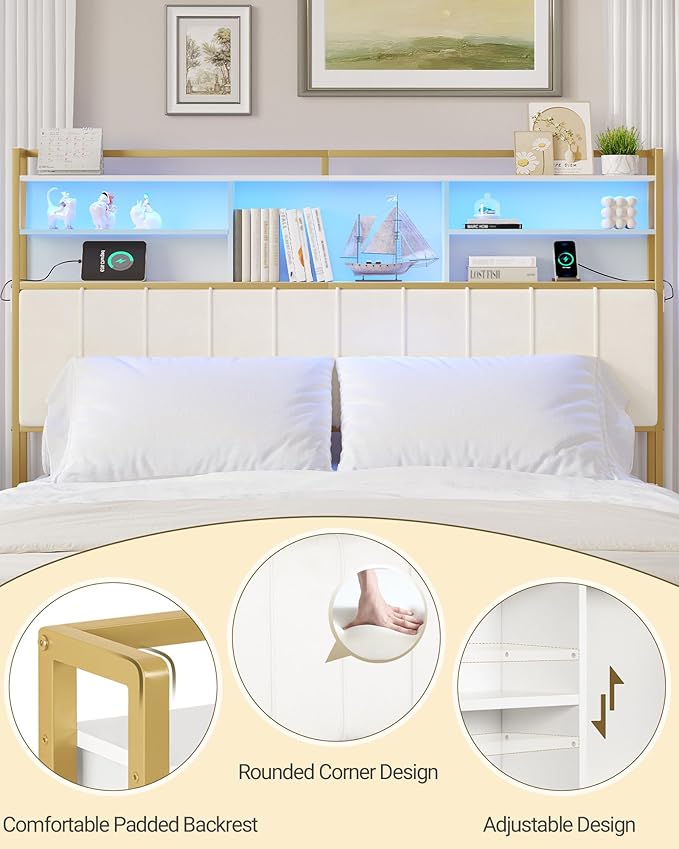 Headboard with 3-Tier Storage Shelves, Velvet Upholstered Head Board with 2 Outlets, USB Ports & LED Light, Soft Backrest for King Size Bed, White and Gold BH19403A