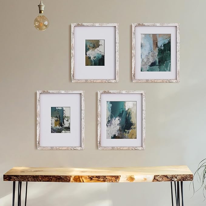 Egofine 11x14 Picture Frame Rustic White - Photo Frame Made of Solid Wood Covered by Plexiglass for Table Top Display Pictures 5x7/8x10 with Mat or 11x14 Without Mat - with Wall Mounting Hardware