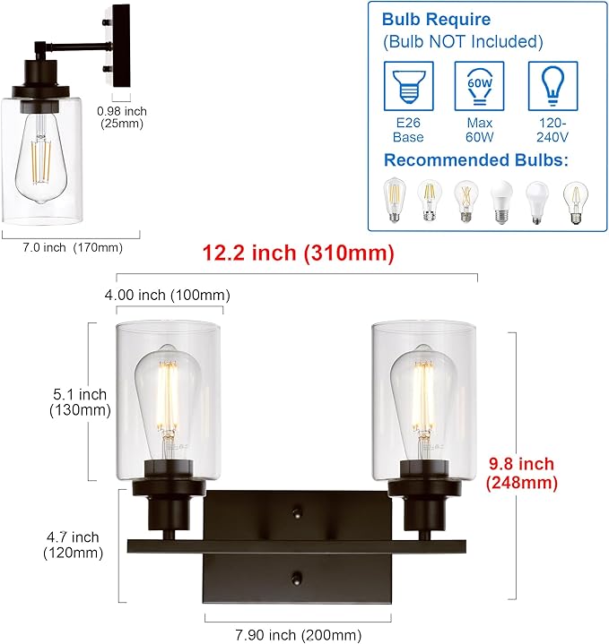 MELUCEE 2-Light Industrial Bathroom Lighting Oil Rubbed Bronze with Clear Glass Shade, Porch Light Fixtures Wall Mount Sconces for Bedroom Living Room Kitchen (Patent No.: US D963914 S)