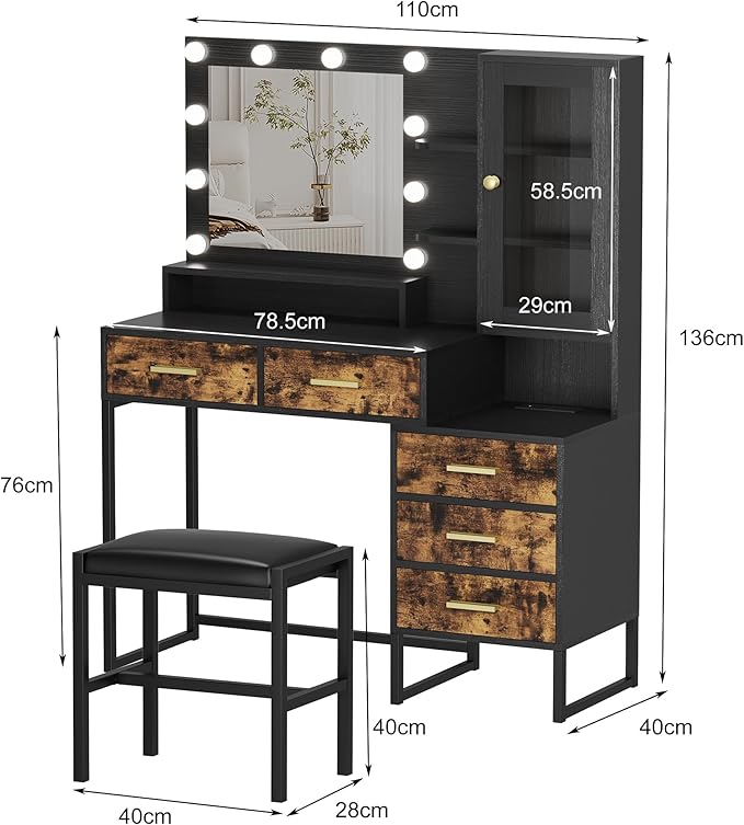 GarveeHome Large Makeup Vanity and Stool, Vanity Desk with Mirror and Lights, Makeup Table with Charging Station, Vanity Table with Drawers and LED Bulbs, Black