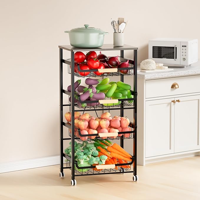 5-Tier Fruit Basket,Desktop Storage Organizer,Pull-Out Kitchen Storage Rack,Multi-Functional Storage Trolley for Office, Living Room, Kitchen, Movable Storage Organizer with Wheels,Black