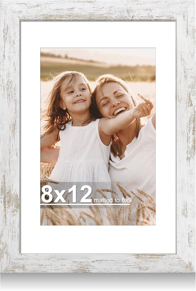8x12 Picture Frame with Glass, Display Pictures 6x9 with Mat or 8 x 12 without Mat - Wall and Tabletop, 8 by 12 Photo Wooden Frames (Distressed White, 1 Pack)