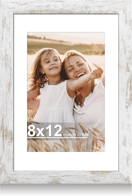8x12 Picture Frame with Glass, Display Pictures 6x9 with Mat or 8 x 12 without Mat - Wall and Tabletop, 8 by 12 Photo Wooden Frames (Distressed White, 1 Pack)