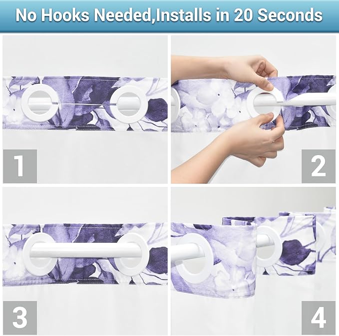 No Hook Shower Curtain with Snap in Liner - Eucalyptus Shower Curtain - Washable Waterproof Inner Liner, Plants Purple Leaves Modern Shower Curtains - Machine Washable, 71 x 74