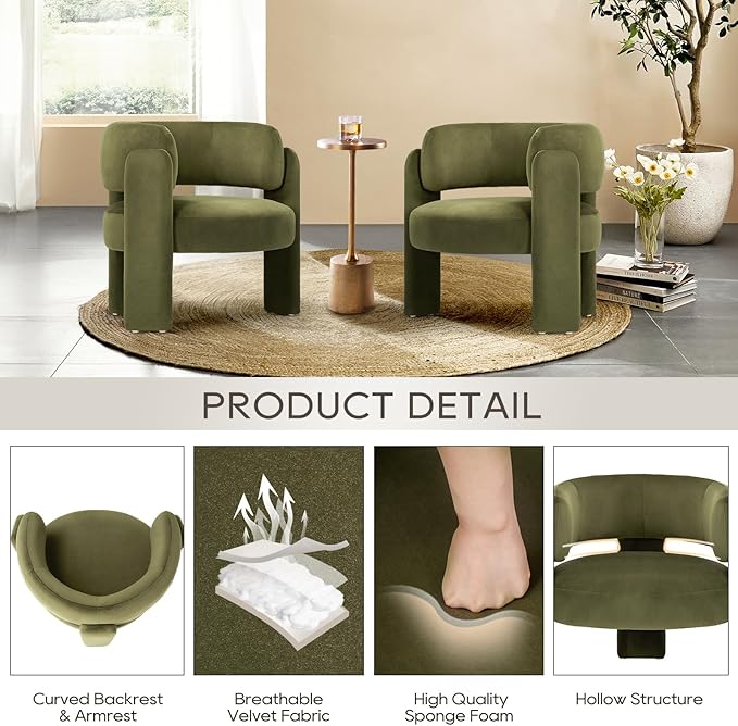 COLAMY Modern Velvet Accent Chair Set of 2, Upholstered Barrel Chairs, Comfy Side Arm Chairs with 3 Legs for Living Room, Bedroom, Reading, Green