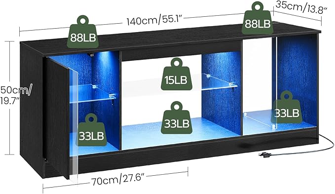 TV Stand with Power Outlets 55 65 inch, Modern Entertainment Center with Multi-Color LED Light, Media TV Console with Adjustable Glass Shelves for Living Room Black MDS01UDBB