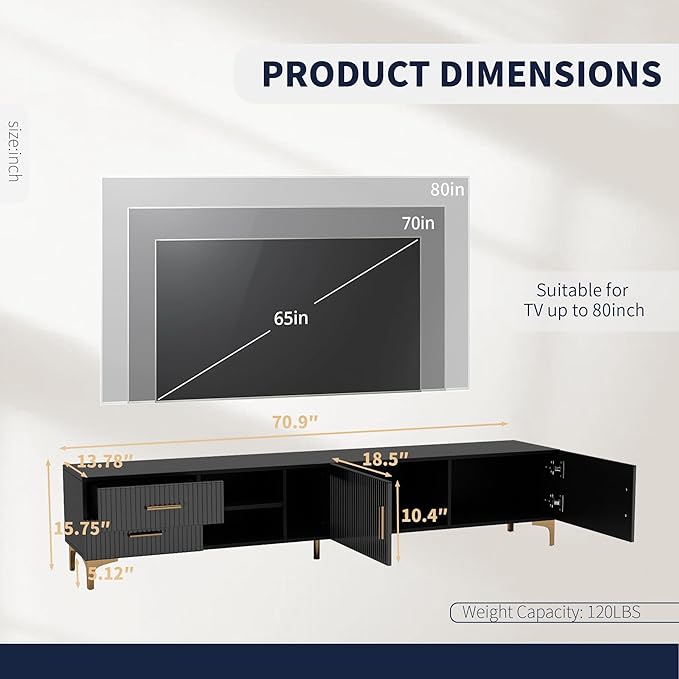 70" Fluted TV Stand for TVs Up to 80", Modern Entertainment Center with Storage, Media Console for Living Room Bedroom, TV Console（Black）