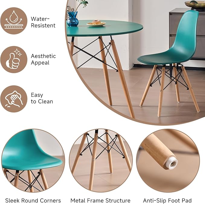 31.5'' 5 Piece Round Dining Table Set for 4, Mid-Century Modern Table with Chairs, Space Saving, Plastic Seats, Wood Legs, Circle Dinner Table for Kitchen, Home, Apartment, Green