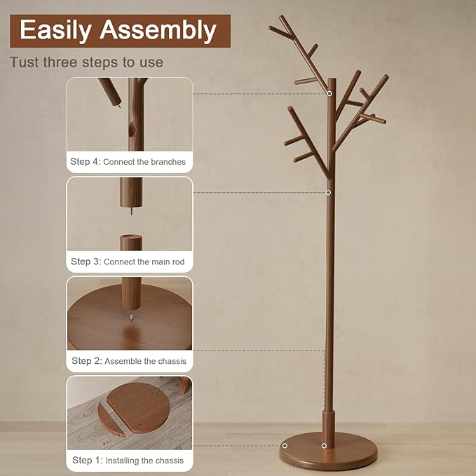 Coat Rack,Solid Wood Coat Rack Freestanding with 12 Hooks,Coat tree freestanding 3 Adjustable Heights for coat, Hats, Handbags，Coat Stand for Entryway,Bedroom (Walnut)