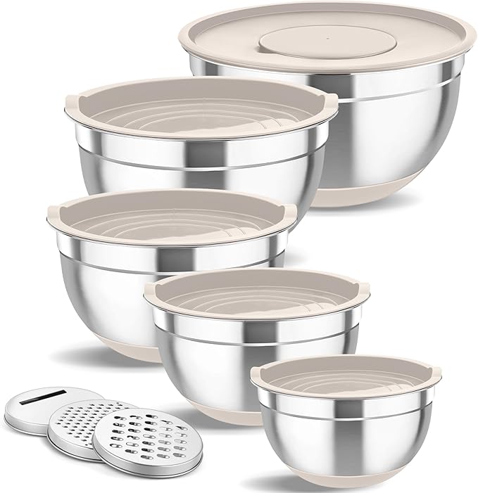 TeamFar Mixing Bowls, 5PCS Stainless Steel Nesting Salad Bowl with Lid & 3 Grater Attachments, for Prepping/Serving/Storing Food, Nontoxic, Airtight Lid & Non-slip Bottom - 4.6/3.5/2.5/1.5/1 QT