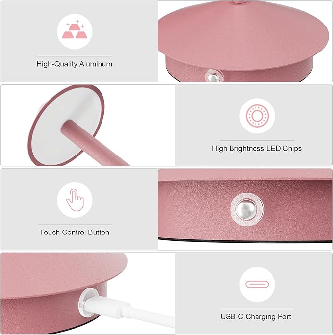 2-Pack 6000mAh Rechargeable Led Table Lamp Cordless,3000K-6000K Stepless Dimming Touch Lamps with Memory Function,IP54 Waterproof Aluminum Table Light for Outdoor/Bars/Restaurant/Patio(Pink)