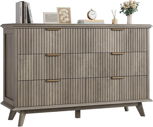 QUW Fluted Dresser for Bedroom with 6 Drawers, 47.2" Wide Modern Chest of Drawers with Metal Handle, Wooden Dresser TV Stand and Closet Clothes Storage Organizer for Living Room, Hallway, Grey