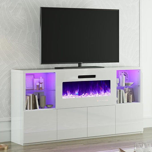 68" Modern Fireplace TV Stand for TVs up to 75", High Gloss Entertainment Center with 40" Fireplace, 4 Shelves & Storage Cabinets, Media Console Table, All Gloss White