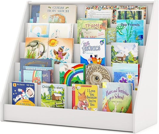 Costzon 5-Tier Kids Bookshelf, Wooden Children Bookcase, Toddler Book Rack, Magazine Storage & Display Shelf, Book Shelf for Kids Room, Living Room, Nursery, Classroom (White)