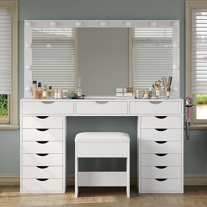 Vanity Desk with Mirror and Lights, Makeup Table with Charging Station, 3 Color Lighting Modes, 15 Drawers Dressing Table, Vanity with Chair for Bedroom, White