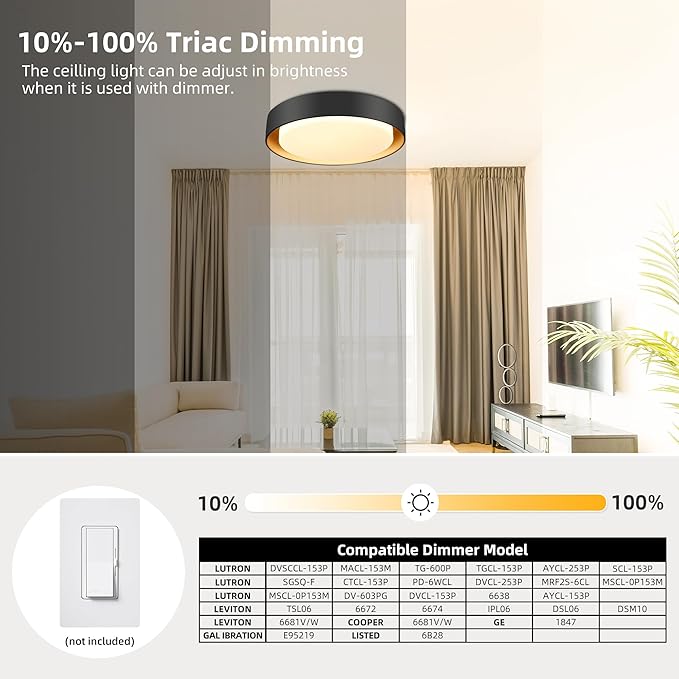 Hlite 13 inch Ceiling Light Fixture,Black LED Flush Mount Ceiling Light with Gold Inside,3000K/Warm White/24W,Dimmable 1920LM Indoor Room Decorative Modern Ceiling Lights for Bedroom Kitchen(1 Pack)