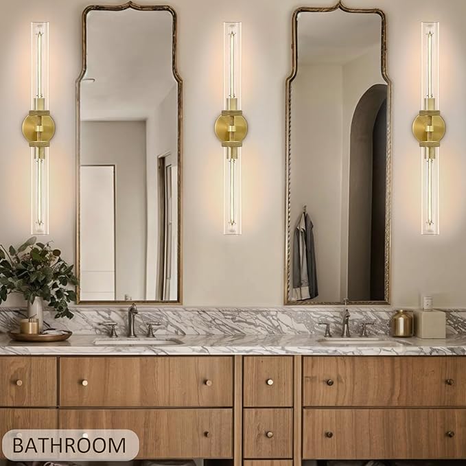 30" Bathroom Wall Sconce, Brass Wall Sconces Hardwired, Gold Wall Sconce Dimmable, Knurled Linear Sconces Wall Lighting with Glass Tube, Vanity Light for Bathroom, Living Room, Bedroom