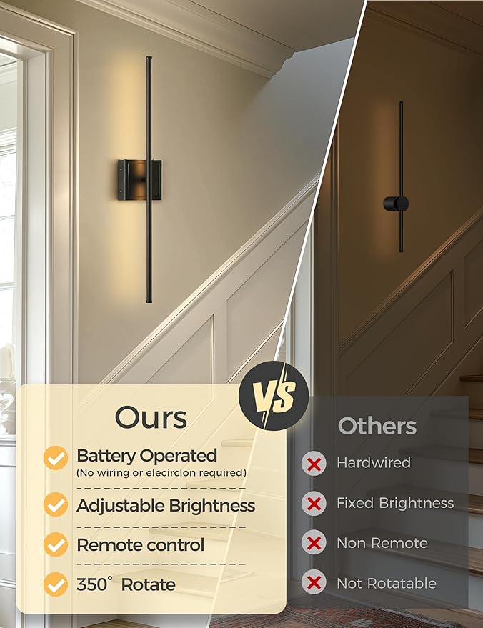 DORESshop Battery Operated Wall Sconces Set of Two with Remote Control, Rechargeable Wall Sconce, 350°Rotate Dimmable Wireless Wall Sconce for Living Room, Hallway, Bedroom, 28.1 Inch, Black(2 Pack)