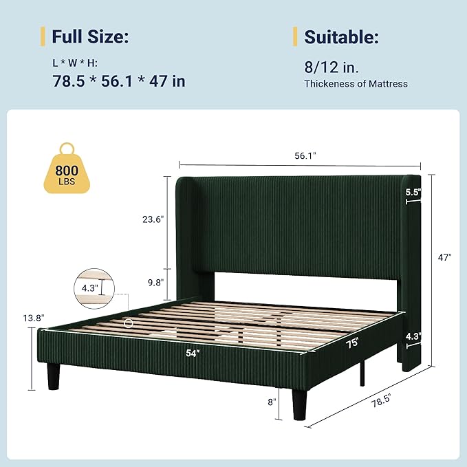 Allewie Full Size Bed Frame with Upholstered Wingback Headboard, Vertical Channel Tufted Corduroy Velvet Platform Bed, Strong Wooden Slats Support, No Box Spring Needed, Easy Assembly, Dark Green