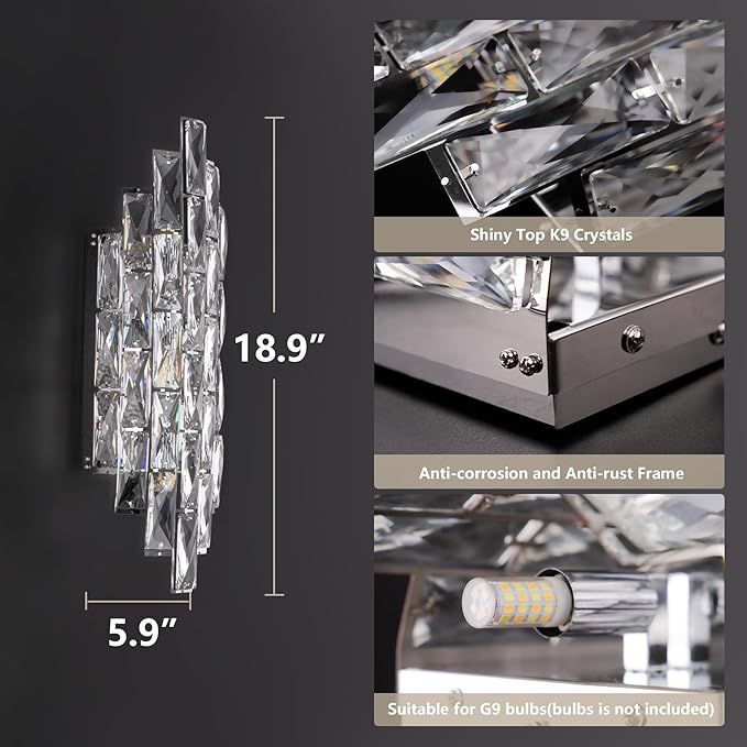 Modern Crystal Chrome Wall Sconces, Wall Light Fixtures, Indoor Wall Lamp, Vanity Wall Mount Lamps for Living Room Bedroom Bathroom Bedside Hallway Stairway