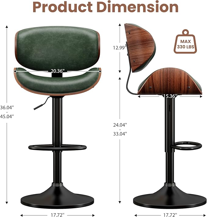 Bar Stools Modern PU Leather Adjustable Swivel Barstools, Kitchen Counter Bar Stool Island Barstool with Back Set of 2, Green