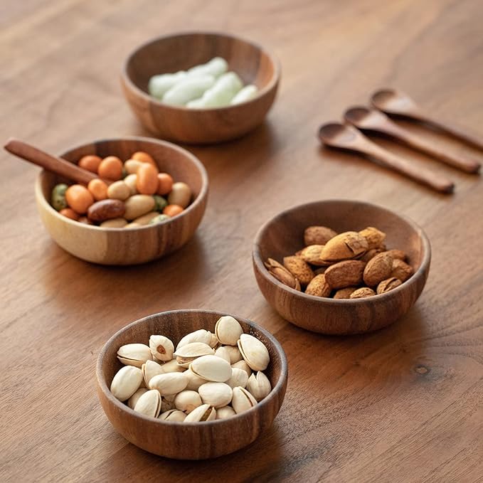 muso wood Wooden Dipping Bowls, 4 Pack Sauce Bowls, 2.5 oz Sauce Dish, Acacia Wood Sauce Bowls for Ketchup, Barbecue Sauce, Dressings, Appetizers