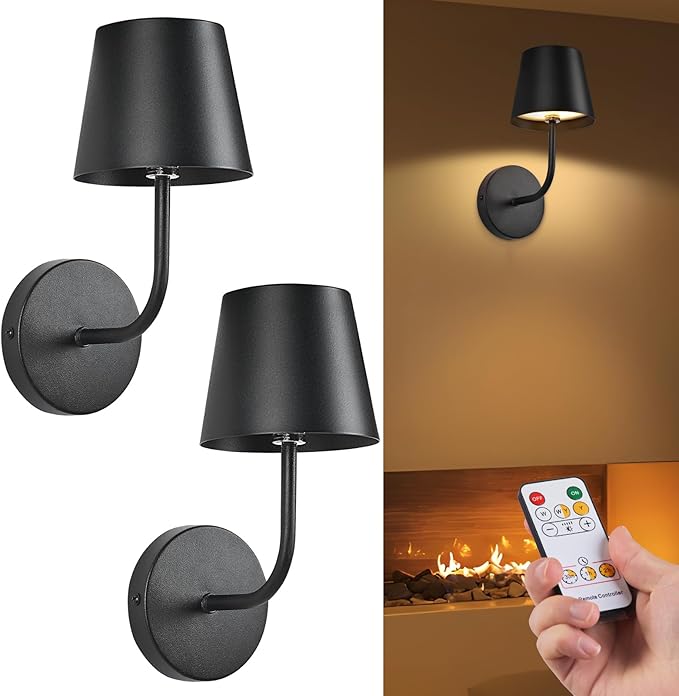LED Wireless Wall Lamp Set of 2, with 5600mAh Rechargeable Battery Powered Wall Sconces, Touch for Remote Control Infinite Dimming Be Used for Bedroom Mirror Living Room Wall Painting (Black)