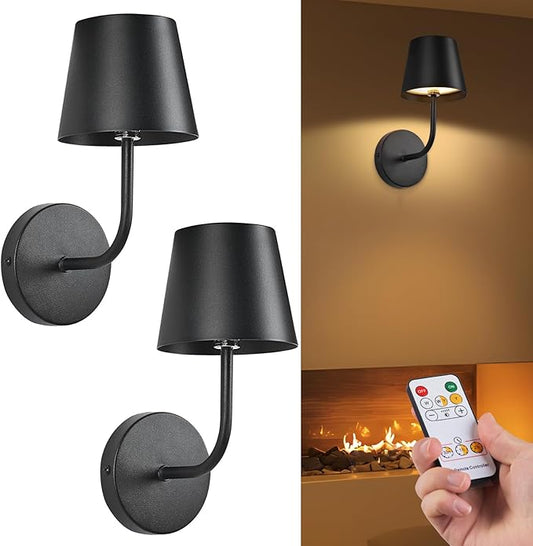 LED Wireless Wall Lamp Set of 2, with 5600mAh Rechargeable Battery Powered Wall Sconces, Touch for Remote Control Infinite Dimming Be Used for Bedroom Mirror Living Room Wall Painting (Black)