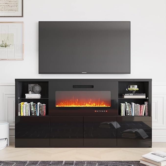 Fireplace TV Stand for TVs up to 75", Modern High Gloss Entertainment Center with 40" Fireplace, 4 Shelves & Storage Cabinets, Media Console Table 68 Inches, Black