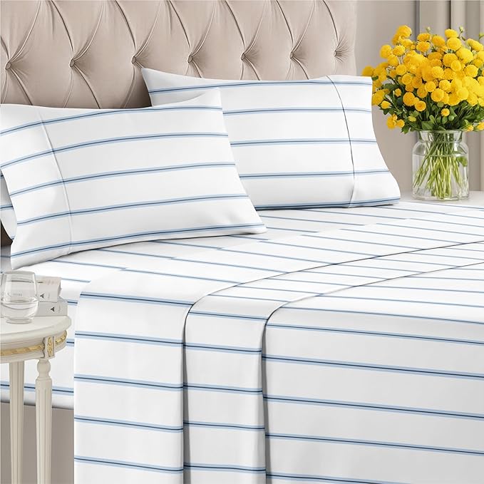 Striped Sheets - Blue & White Striped Sheets - 1 Flat & 1 Fitted & 2 Pillowcases w/ Deep Pockets – Wrinkle & Fade Free- Soft, Breathable and Cooling - Queen Size Bed Set – Luxury Pinstripe Bed Set