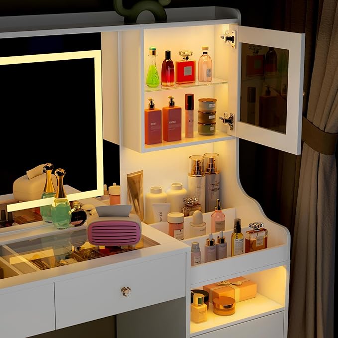 62" Large White Vanity Desk with Power Outlet, Makeup Vanity with Mirror and LED Lights, One Piece Controls 3 Lighting Modes, 4 Drawers Vanity with 2 Cabinets and Glass Top for Women, Girls