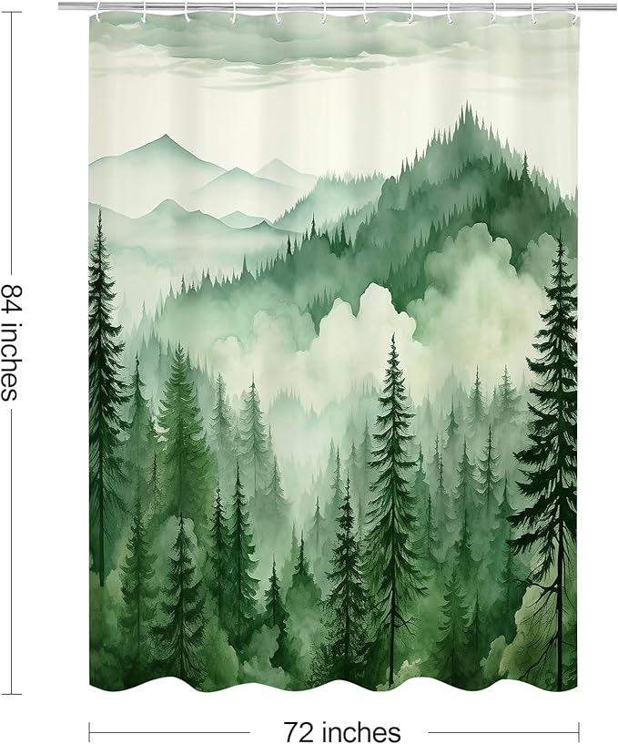 Green Extra Long Misty Pine Forest Shower Curtain 72 x 84, XL Mountain Foggy Woodland Scenery Tree Shower Curtains for Bathroom, Abstract Waterproof Nature-Themed Decor
