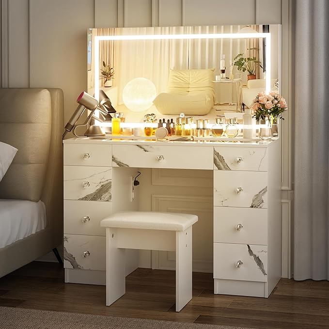 VOWNER Vanity with Lighted Mirror - Glass Top Makeup Desk with Power Outlet and 9 Drawers, 3 Color Lighting Modes Adjustable Brightness, 43" Vanity Desk with Soft Cushioned Stool for Bedroom, Marble