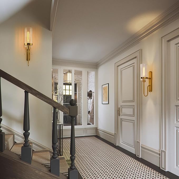 Gold Wall Sconces Set of 2, Modern Bathroom Lights with Clear Glass Shade, Indoor Farmhouse Wall Sconce for Living Room, Bedroom, Hallway, Vanity, Stairwell and Kitchen