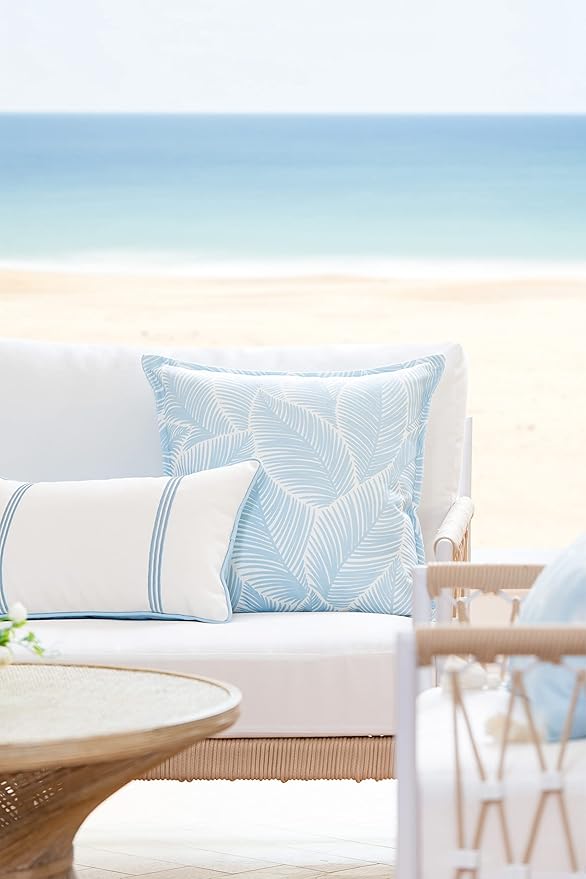 Hofdeco Premium Coastal Hampton Style Patio Indoor Outdoor Lumbar Pillow Cover Only, 12"x20" Water Resistant for Backyard, Couch, Baby Blue Embroidered Vertical Line