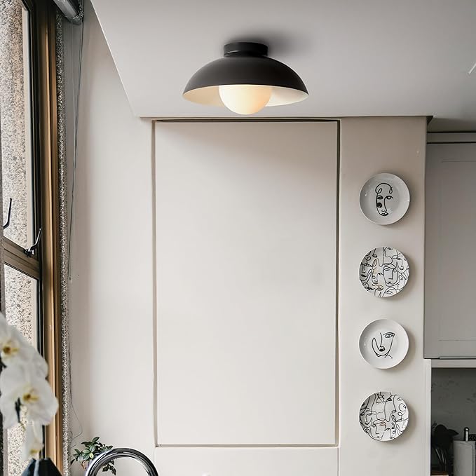 GLOBE Electric 66000076 1-Light Flush Mount Ceiling Light, Matte Black and White Opal Glass Dual Shade, Modern Lighting for Kitchen Island or Dining Room, Wall and Dimmer Switch Compatible