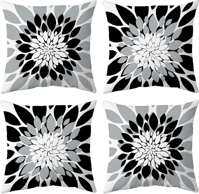 Qahing Pack of 4 Outdoor Waterproof Pillow Covers 16x16 Decorative Outdoor Throw Pillows Garden Square Cushion Cases for Patio Furniture, Couch, Tent Sunbrella, Bench, Black Grey