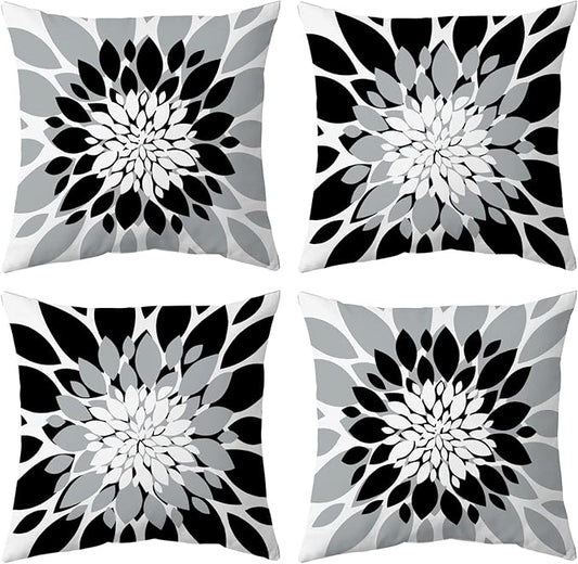 Qahing Pack of 4 Outdoor Waterproof Pillow Covers 16x16 Decorative Outdoor Throw Pillows Garden Square Cushion Cases for Patio Furniture, Couch, Tent Sunbrella, Bench, Black Grey