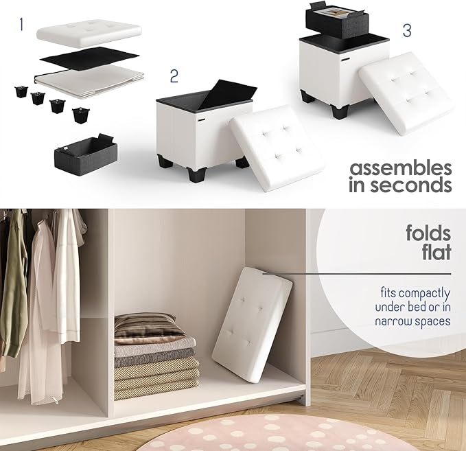 STORAGEBUD Storage Ottoman Cube with Small Bin, 16-in Square Ottoman with Storage for Living Room and Bedroom, Small Ottomans Foot Rest, Faux Leather Foot Stools Ottomans Max 330lbs, Cream