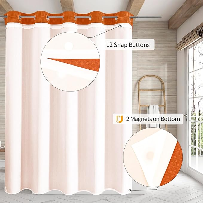 MitoVilla No Hooks Needed Orange Waffle Shower Curtain with Snap-in Liner, Modern Waffle Weave Heavy Duty Fabric Cloth Shower Curtain for Luxury Neutral Hotel Spa Bathroom Decor, 72 x 74, Burnt Orange