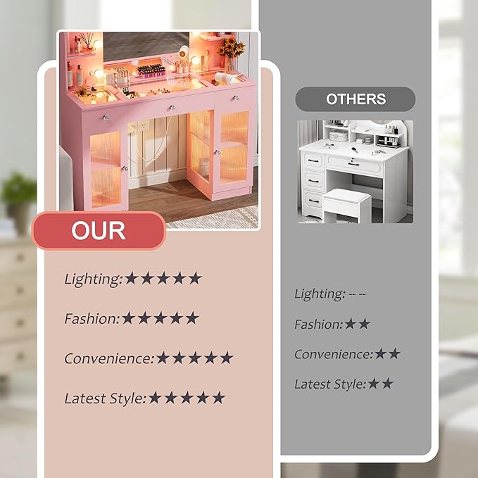 Makeup Vanity with Glass Top, Pink Vanity Desk with Mirror and Lights, Big Vanity with Drawers & Cabinets for Bedroom, Cute Vanity with Crystal Knobs & Power Outlet for Women, Girls