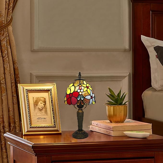 Tiffany Style Small Table Lamp,Rose Flower Stained Glass 3 Color Temperature Antique Table Lamps,Bedside Nightstand Lamp for Bedroom,Living Room,Home Office, Include LED Bulb,6X6X12.5Inch